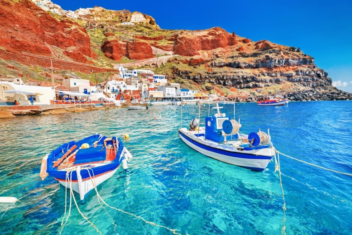 Greece.,Breathtaking,Beautiful,Landscape,Of,Two,Fishing,Boats,Anchored,To