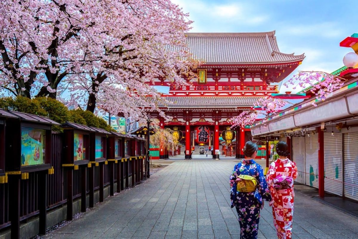 Two,Geishas,Wearing,Traditional,Japanese,Kimono,Among,Sensoji,Temple,In